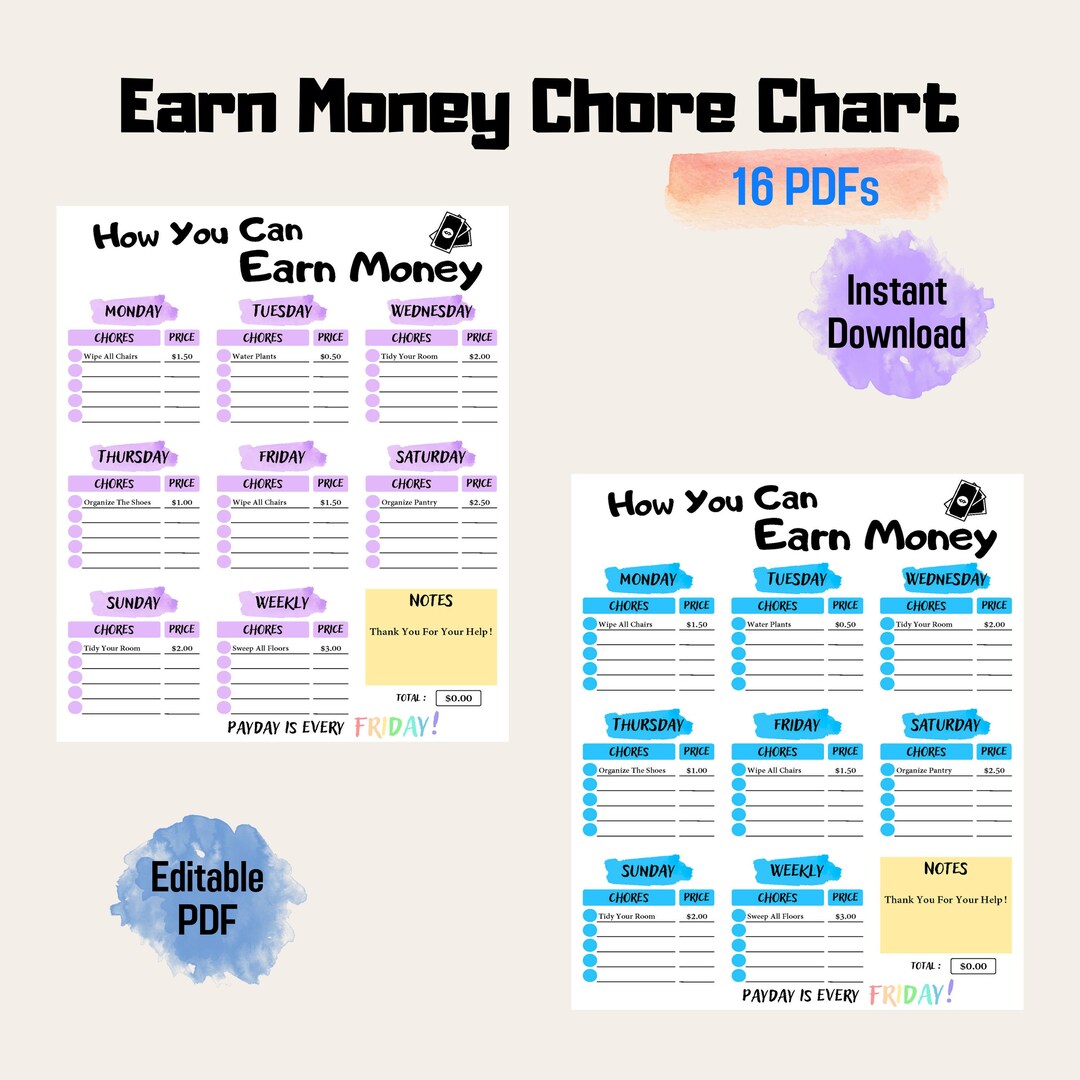 Editable Kids Chore Chart for Money Cool Color Tone, INSTANT Download ...