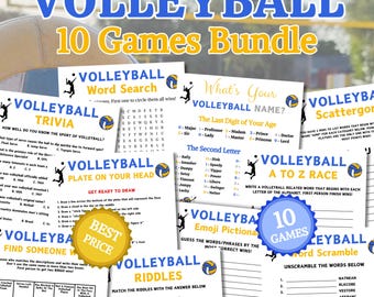 Pacote de jogos de vôlei | Jogo de festa de vôlei para imprimir | Jogo de ABC de vôlei | Jogo de perguntas e respostas | Jogo de bingo de vôlei | Jogo de desenho