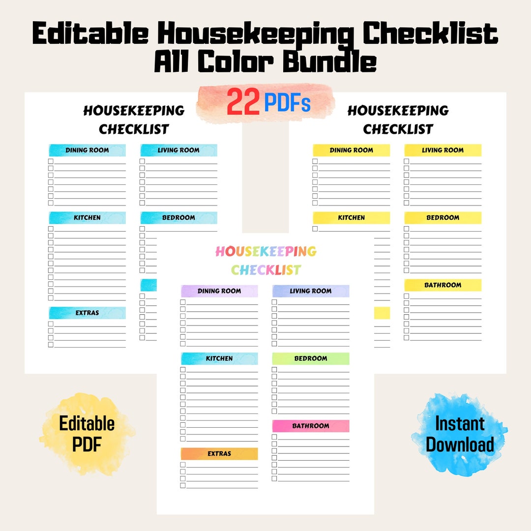 Editable Housekeeping Checklist Bundle All Color Included, for Daily Chores, Routines, Goals