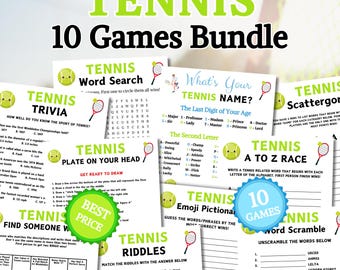 Tennis Games Bundle | Printable Tennis Team Party Game | Tennis ABC Game | Trivia Game | Tennis Matching Game | Bingo Game | Drawing Game