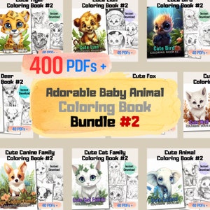 400-Pages Cute Baby Animal Coloring Book Bundle, Grayscale Coloring Book Pages Bundle, Printable PDF Pages For All Ages, KDP Interior PDF