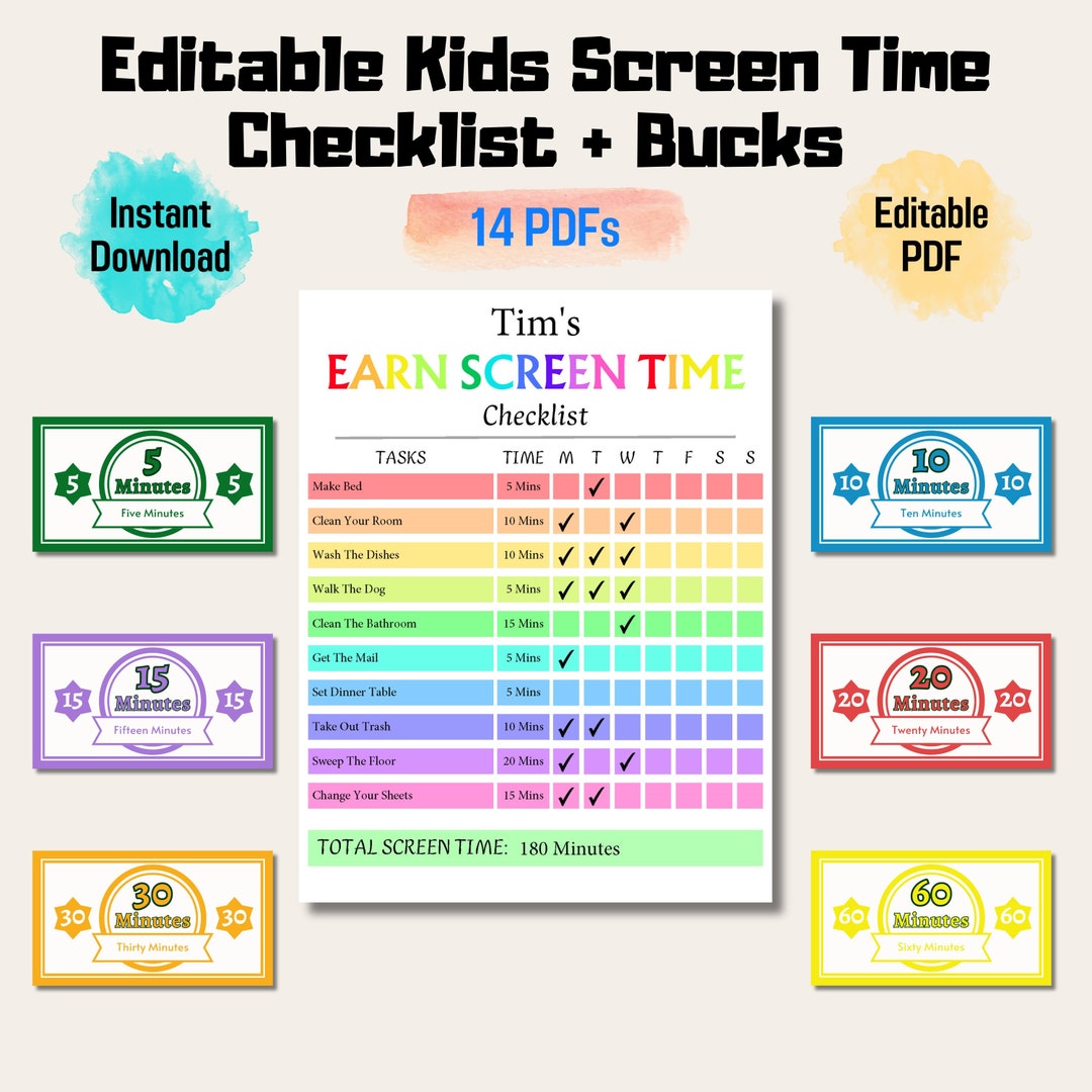 Editable Screen Time Checklist Screen Bucks for Kids &amp; Teens, Daily ...