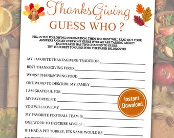 Thanksgiving Guess Who Game | Friendsgiving Who Am I Game | Printable Guessing Game | Friendsgiving Activity Page | Instant Download PDF