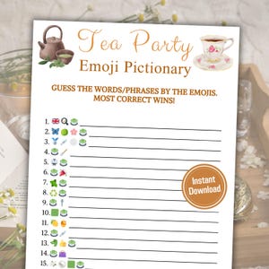 May include: A printable tea party emoji game with instructions to guess the words or phrases represented by the emojis. The game includes 15 emoji clues and a space to write down the answers.