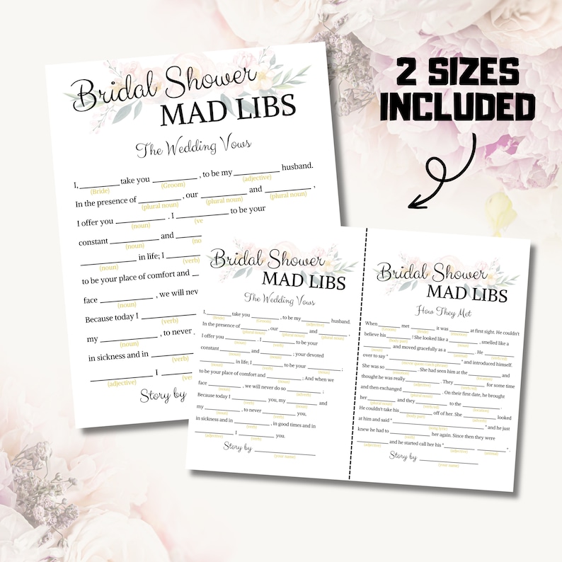 Bridal Shower Mad Libs Game - 2 sizes included.