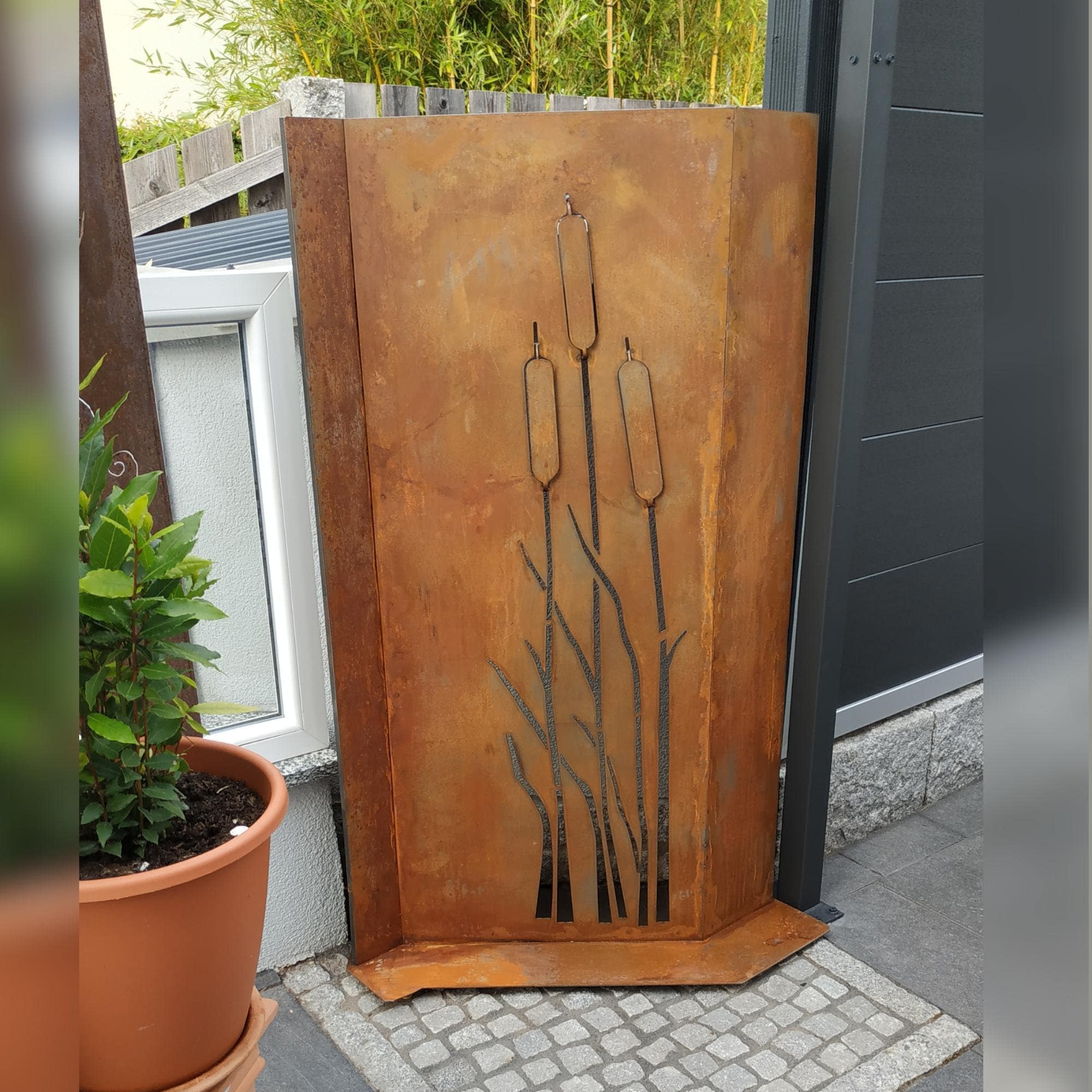 Sichtschutz Edelrost Motiv Schilf 90 x 140 cm Gartenstecker Rost Metall
