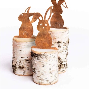 Könnte beinhalten: Drei dekorative Osterhasen-Silhouetten in einem rustikalen Braunton, die auf Birkenholz-Scheiben sitzen. Die Hasen haben detaillierte Ausschnitte und sind vor einem sauberen, weißen Hintergrund platziert. Eine charmante, von der Natur inspirierte Osterdekoration.