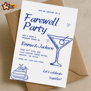 Plantilla de invitación para despedida, temática de martini azul y pastel, invitación de despedida editable, descarga imprimible, invitación para mudanza de compañero de trabajo