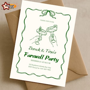 Invitación editable para despedida de cóctel, brindis con bebida con línea verde, plantilla imprimible para despedida, descarga editable en Canva