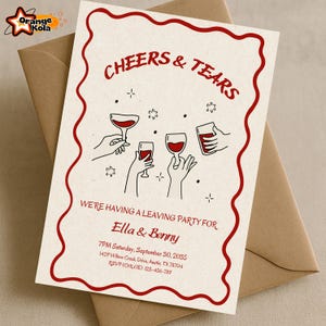 Modèle d'invitation modifiable pour une fête de départ, des acclamations et des larmes, un toast au vin rouge, une invitation d'adieu imprimable pour des amis ou des collègues