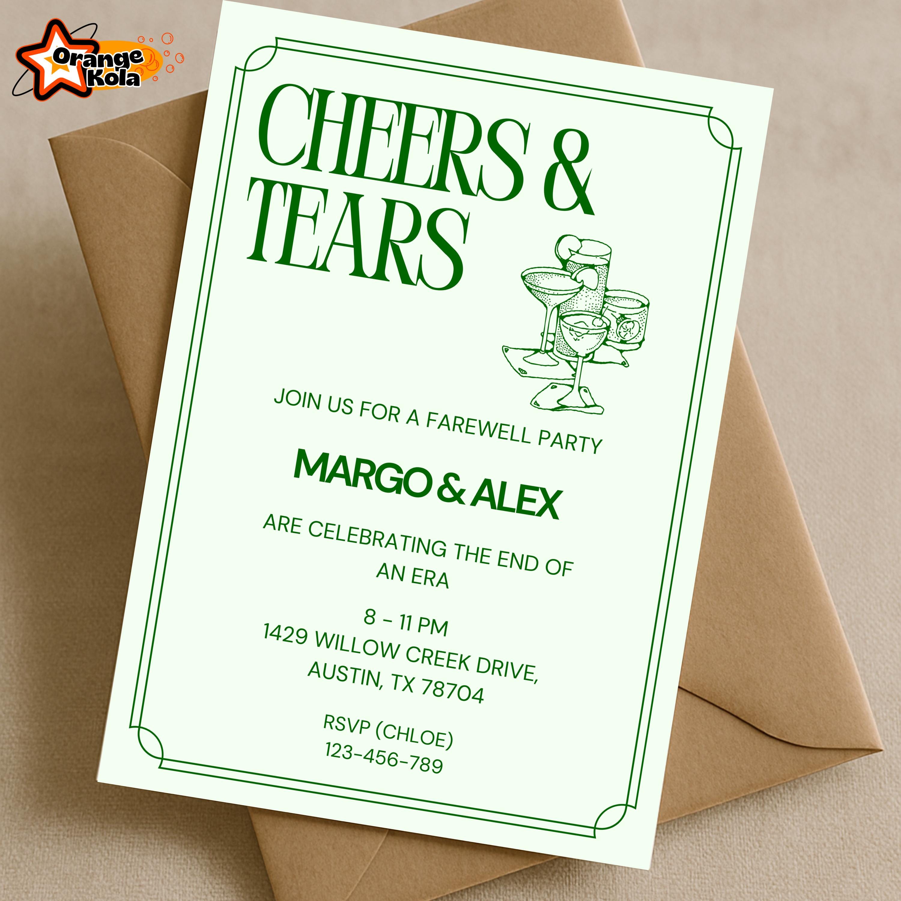 Vintage Green Cheers & Tears Farewell Party Invitation, Editable Template, End of an Era Going Away Invite, Coworker or Friend Send-Off