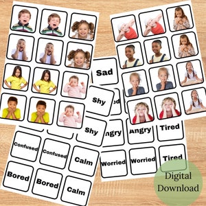 Carte delle emozioni per la scuola materna, l'istruzione parentale, le attività di assistenza all'infanzia, i giochi, le coppie, lo schiocco, il tagliare e incollare e parlare dei sentimenti