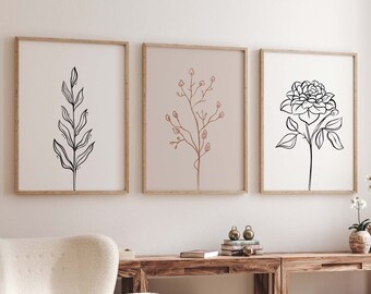 Botanical Line Art Prints, Beige Neutral Decor (Set of 3) (Digital Download)