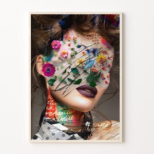 Lámina artística con rostro floral, collage de mujer con flores (descarga digital)