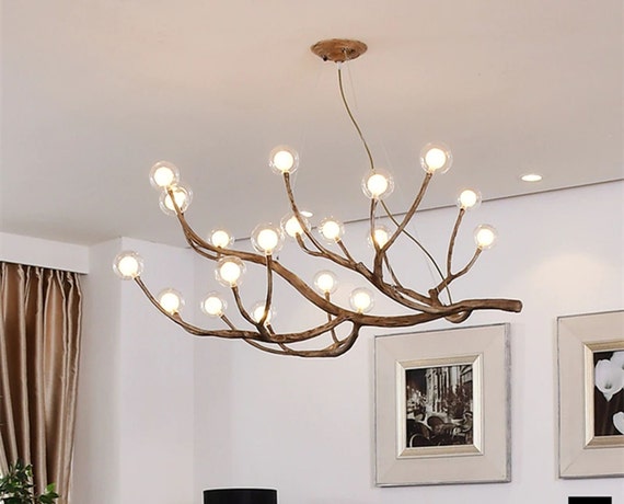 Rustic Tree Branch Glass Bubble Chandelier Lighting Bar Retro Rustic Tree Branch Glass Bubble, Wood Branch Light Fixture