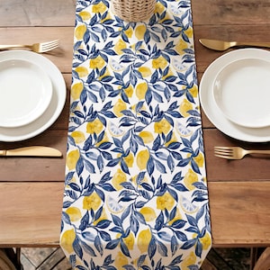 Mediterranean Lemon Table Runner | Amalfi Coast Wedding, Bridal Shower and Italian Summer Party Décor | Blue & Yellow Toile Runner
