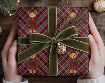 Christmas Wrapping Paper Tartan Teddy Bear | Girl Bear Plaid Gift Wrap Roll