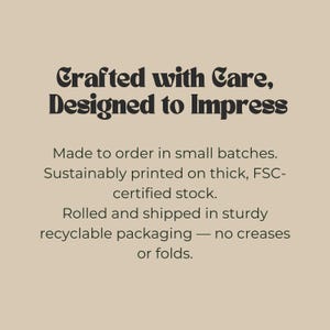 May include: A beige background with the text "Crafted with Care, Designed to Impress" in a dark brown, decorative font. Additional text describes the product's sustainable printing and packaging.