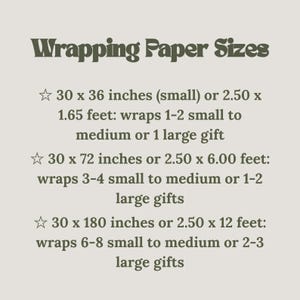 May include: A beige graphic with the text "Wrapping Paper Sizes." It lists three sizes: 30 x 36 inches, 30 x 72 inches, and 30 x 180 inches, with gift wrapping capacity details for each size. The text is in a dark green font.