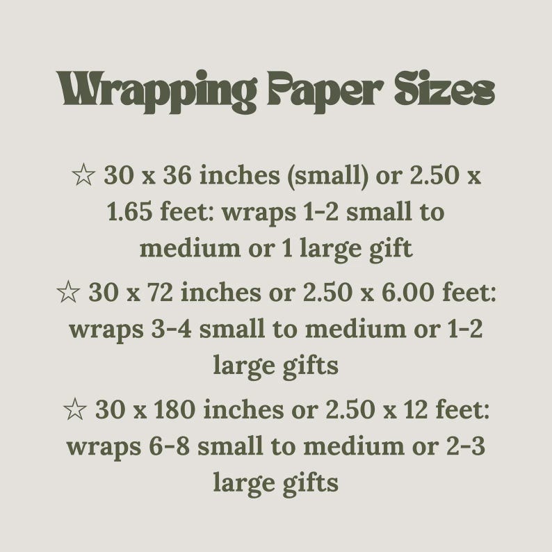 May include: A beige graphic with the text "Wrapping Paper Sizes." It lists three sizes: 30 x 36 inches, 30 x 72 inches, and 30 x 180 inches, with gift wrapping capacity details for each size. The text is in a dark green font.