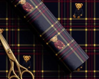 Christmas Wrapping Paper Roll, Dark Tartan Teddy Bear Gift Wrap, Heritage Holiday Plaid, Premium Matte or Satin Paper