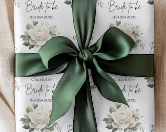 Bride to be Wrapping Paper Roll, Personalized Gift Wrap for Bridal Shower, Custom Gift for Bride with name and date, White Rose Wrapping