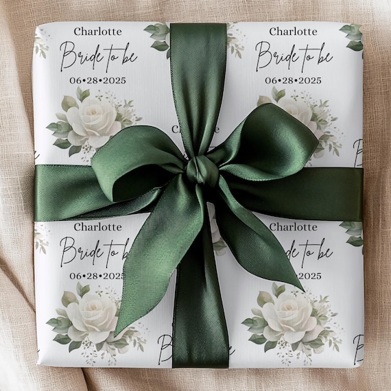 Bride to be Wrapping Paper Roll, Personalized Gift Wrap for Bridal Shower, Custom Gift for Bride with name and date, White Rose Wrapping