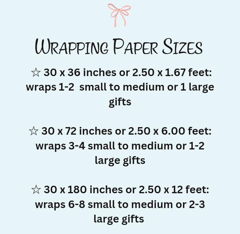 May include: A guide to wrapping paper sizes, with three different sizes listed in inches and feet. The guide explains how many small to medium or large gifts each size can wrap.