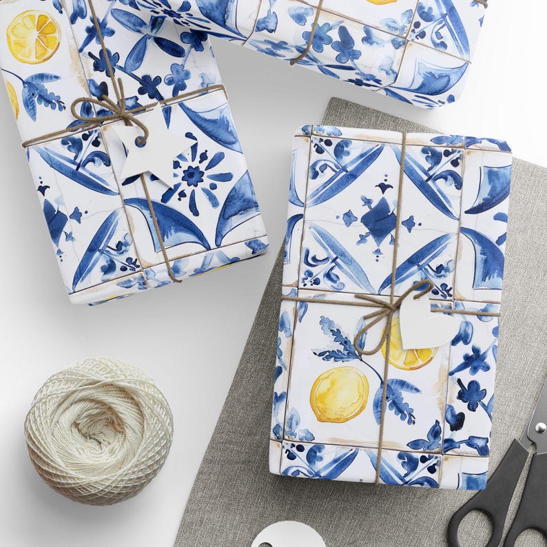 Italian Lemon Wrapping Paper, Mediterranean Tile Gift Wrap, Bridal Shower, Amalfi Coast Wedding, Summer Birthday Gift Wrap image 4