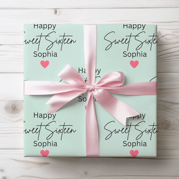 16th Birthday Gift Girl, Sweet Sixteen Birthday Gift Wrap, Birthday Wrapping Paper, Custom Name and Age Gift Wrap