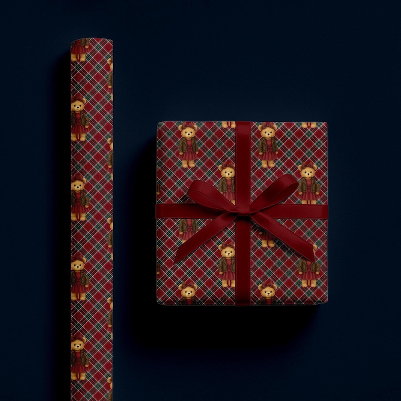 May include: Red and green plaid wrapping paper and a wrapped gift box with a burgundy ribbon. The paper and box feature a repeating pattern of teddy bears wearing outfits. The background is a dark blue.