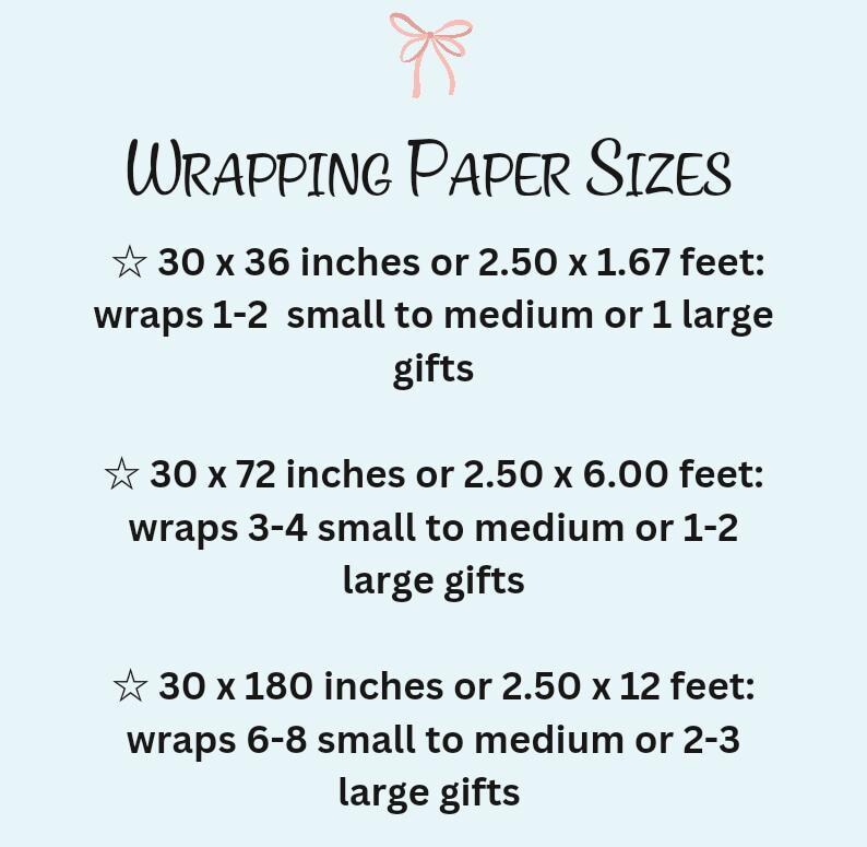 May include: A guide to wrapping paper sizes, with three different sizes listed in inches and feet. The guide explains how many small to medium or large gifts each size can wrap.