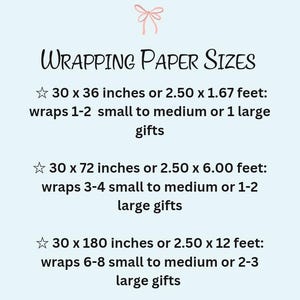 Peut inclure: Un guide des tailles de papier d'emballage, avec trois tailles diff&eacute;rentes indiqu&eacute;es en pouces et en pieds. Le guide explique combien de cadeaux petits &agrave; moyens ou grands chaque taille peut emballer.