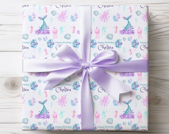 Mermaid Birthday Wrapping Paper Roll, Birthday Girl Gift Wrapping, Custom Gift Wrap, Birthday Gifts