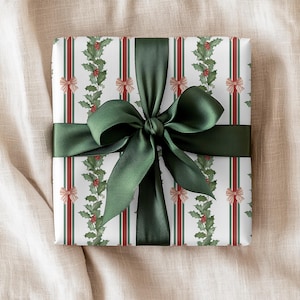 Red and Green Christmas Wrapping Paper, Festive Striped Gift Wrap with Bows and Mistletoe Garland, Holiday Gift Wrap Roll