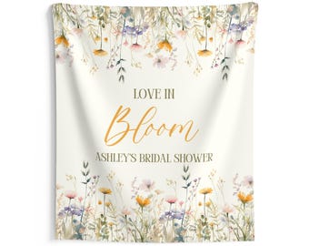 Liefde in bloei bruids douche wandtapijt, vrijgezellenfeest banner, wilde bloemen decoraties, wilde bloemen vrijgezellenfeest bord, wilde bloemen fotoachtergrond