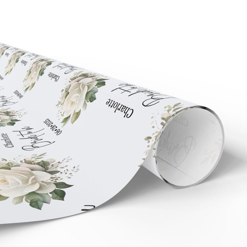 Rouleau de papier d'emballage de la future mariée, emballage cadeau personnalisé pour shower de mariage, cadeau personnalisé pour la mariée avec nom et date, emballage rose blanche image 3