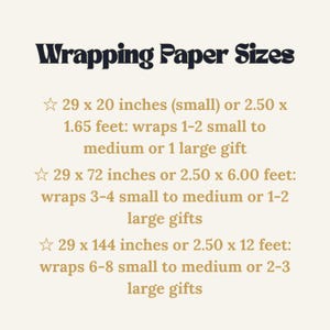 May include: A beige graphic with the text "Wrapping Paper Sizes" in a dark navy font. The text below lists wrapping paper sizes in inches and feet, with gift wrapping capacity for each size.