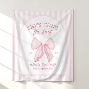 Custom Bridal Shower Wall Tapestry, She&#39;s Tying the Knot Decor, Wedding Celebration Wall Art, Bachelorette Party Decoration