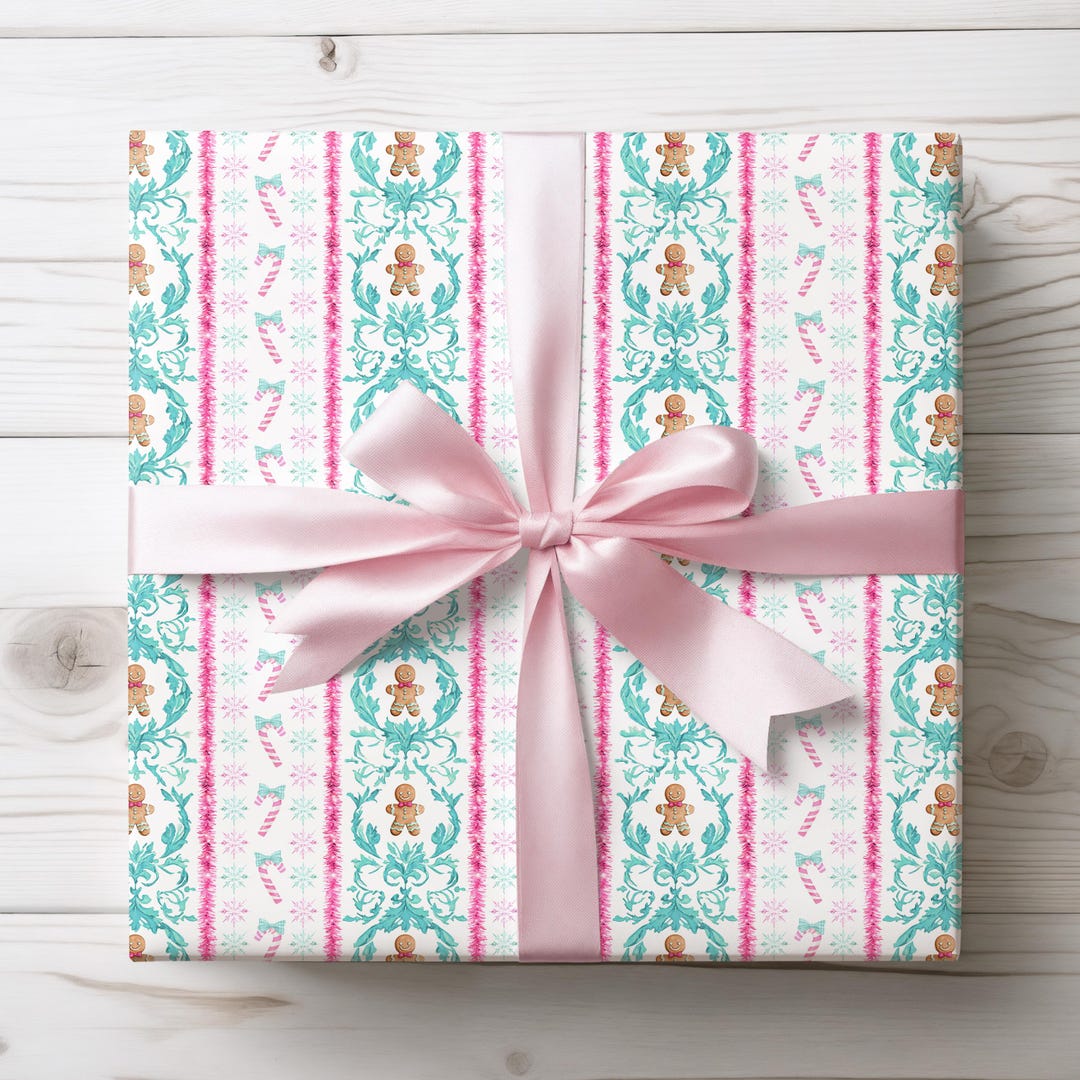 Pink and Green Candy Cane Wrapping Paper - Preppy Christmas Gift Wrap ...