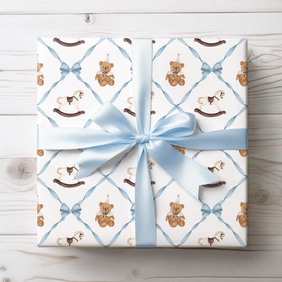 Boy Baby Shower Wrapping Paper, Blue Ribbon Gift Wrap with Teddy Bears and Rocking Horses, It's a Boy Gift Wrap, Baby Shower Gift