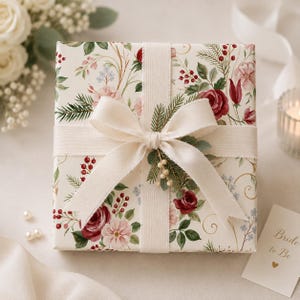 Puede incluir: Una caja de regalo cuadrada envuelta en papel color crema con un estampado botánico de rosas rojas, flores rosas, agujas de pino verdes y bayas rojas. La caja está atada con una cinta ancha color crema y adornada con una ramita de pino y bayas.