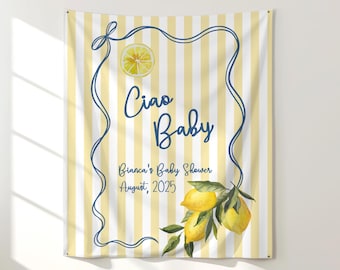 Banner de baby shower de la Costa Amalfitana, letrero de Ciao, decoración de limón italiano, fondo fotográfico