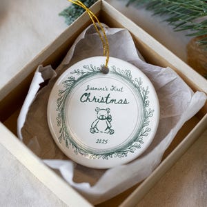 Baby's First Christmas Ornament Personalized | Custom Teddy Bear Ornament with Bow | Hand Drawn Keepsake Gift for Newborn 2025
