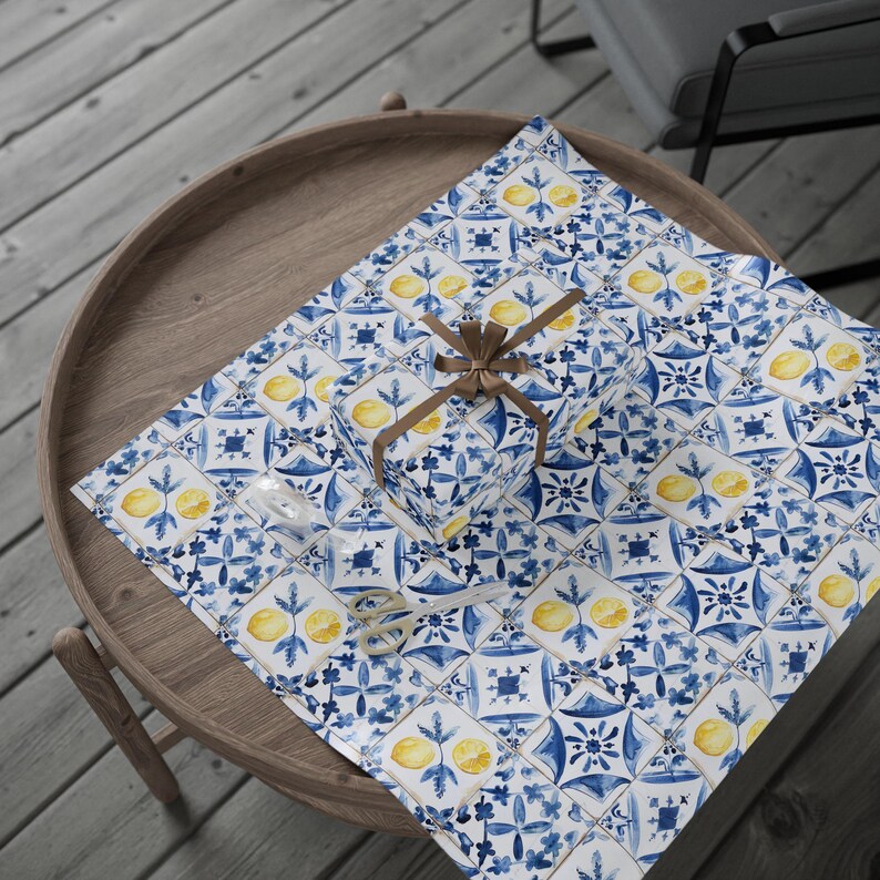 Italian Lemon Wrapping Paper, Mediterranean Tile Gift Wrap, Bridal Shower, Amalfi Coast Wedding, Summer Birthday Gift Wrap image 5