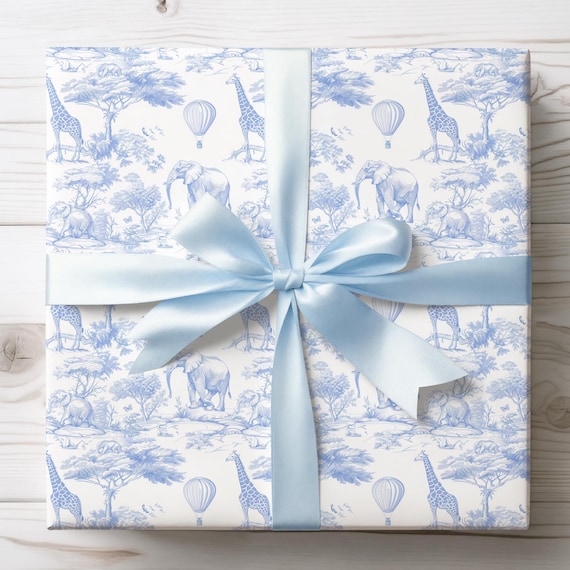 Boy Baby Shower Wrapping Paper, Safari Toile Gift Wrap, Gift for Baby, Newborn Present, Toile de Jouy