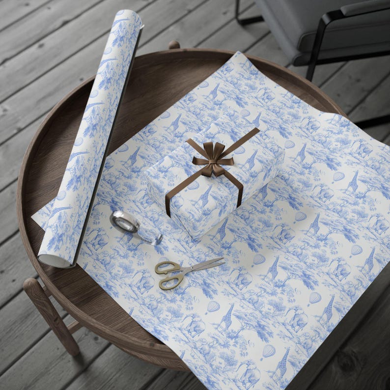 Boy Baby Shower Wrapping Paper, Safari Toile Gift Wrap, Gift for Baby, Newborn Present, Toile de Jouy image 4