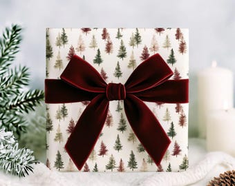 Christmas Wrapping Paper Roll - Burgundy & Green Hand Painted Tree Gift Wrap, Holiday Wrapping Paper, Premium Christmas Gift Wrap