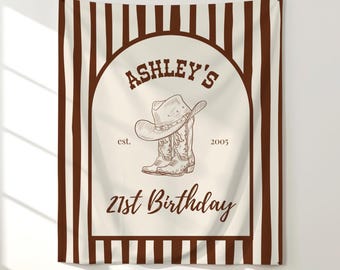 Pancarta de vaquera para 21 cumpleaños, decoración personalizada para fiesta del oeste, tapiz con nombre personalizado
