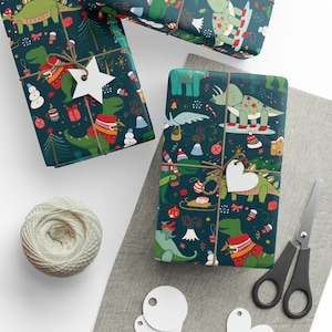 Christmas Dinosaur Wrapping Paper, Christmas Dinosaur Gift Wrap, Holiday Dinosaur Wrapping Paper